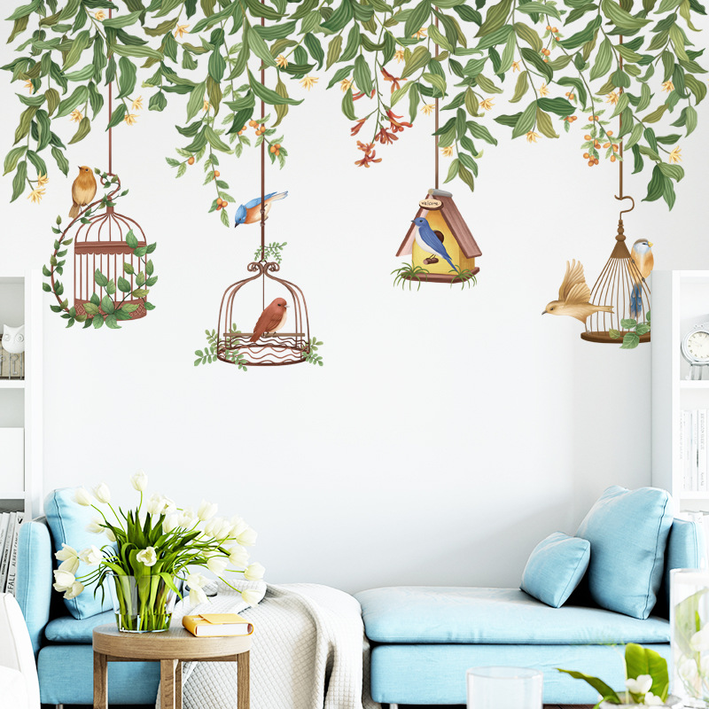 Decal dán tường cành lá lồng chim bắc âu