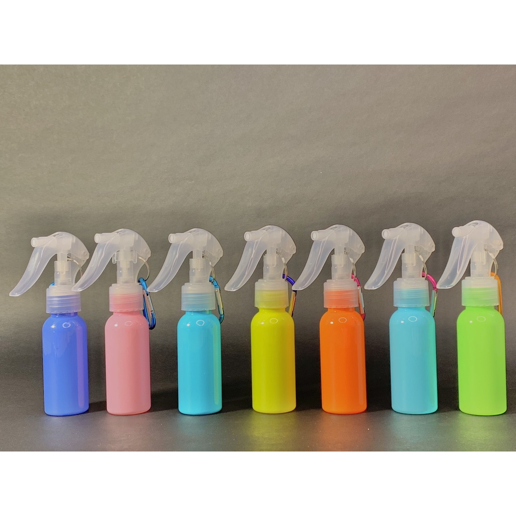 Compact 60ml water bottle with integrated keychain for hand sanitizer.