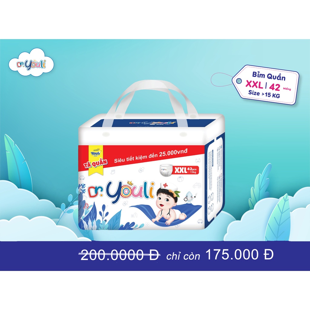 Tã bỉm dr youli dán/quần đủ size sd60/md52/mq48/lq48/xlq44/2xl44/3xl40 - halishop