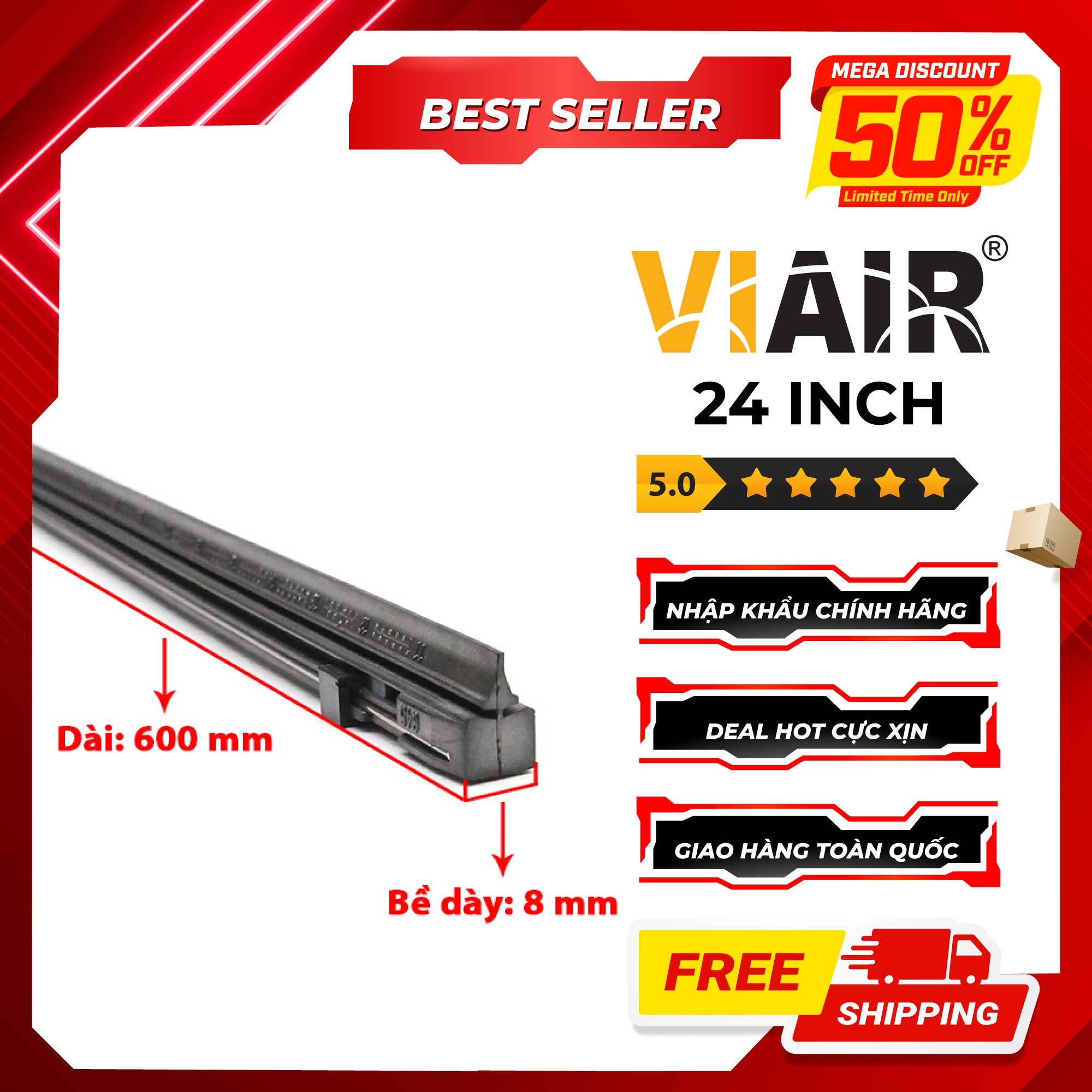 Combo 2 Lưỡi Gạt Mưa Loại A VIAIR R15 (24 Inch/600 mm) - Nhập Khẩu Chính Hãng