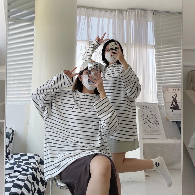 [SW7] KIM- Áo nỉ kẻ trắng đen - Striped Sweater