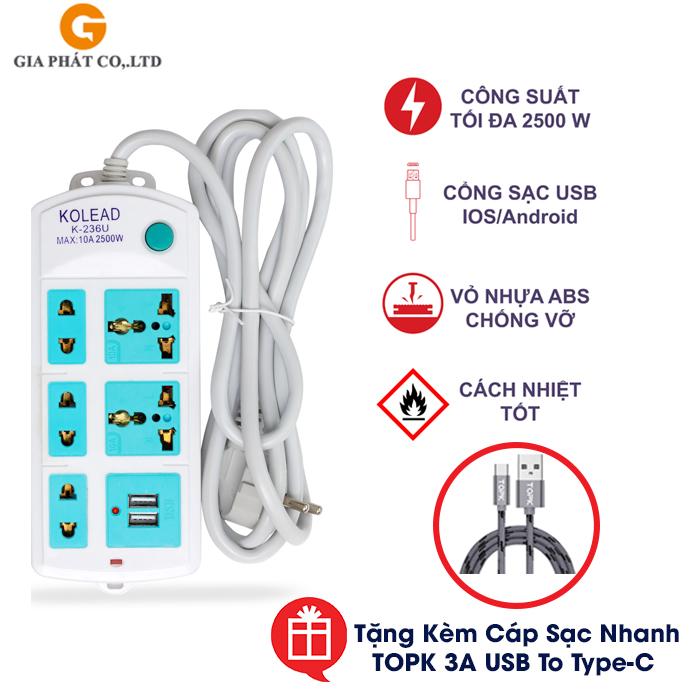 Ổ cắm điện đa năng Kolead có cổng Usb - dây dẫn 2M - Tặng kèm cáp sạc nhanh TOPK 3A USB to Type-C