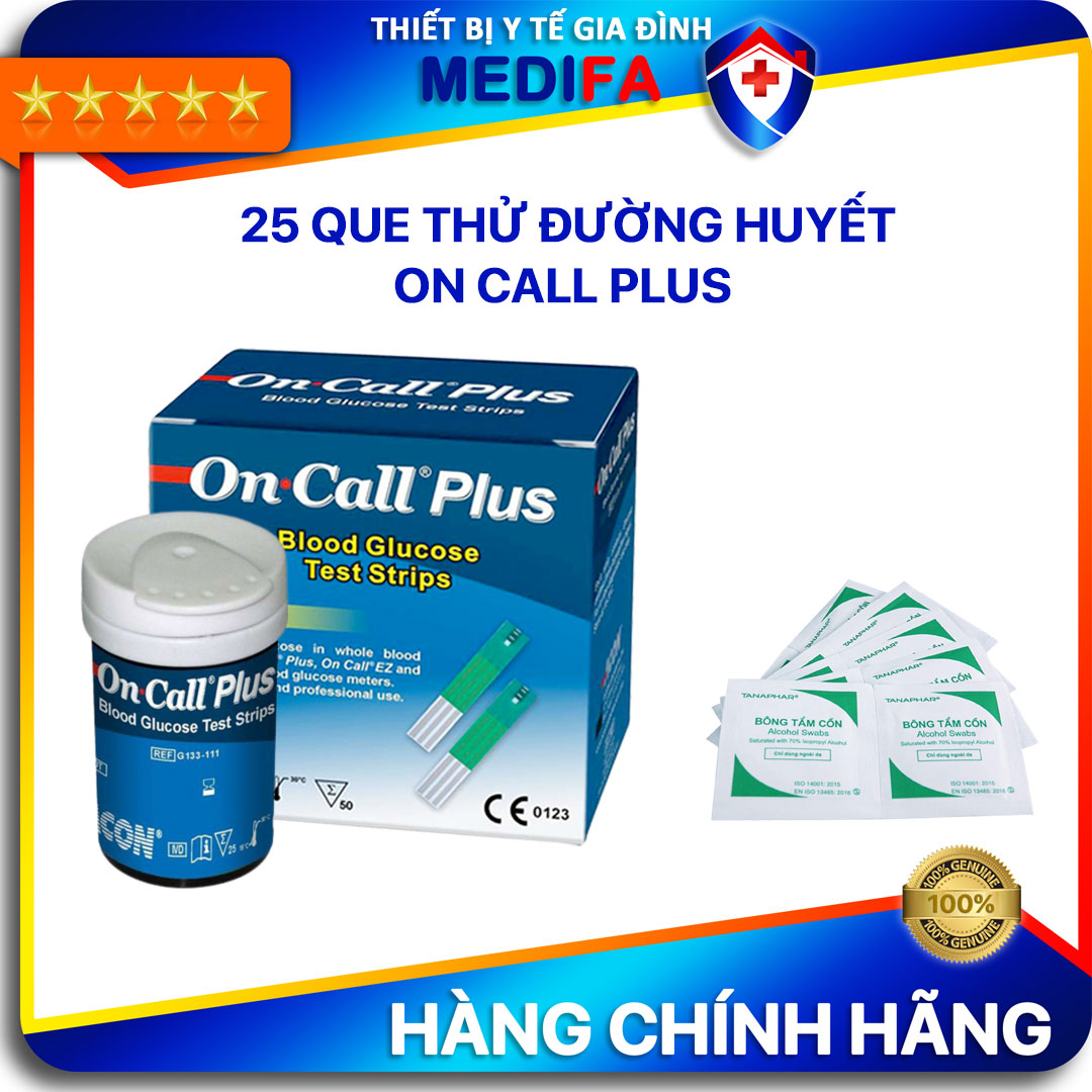 COMBO QUE + BÔNG Hộp 25 que thử đường huyết On Call Plus kèm bông tẩm cồn