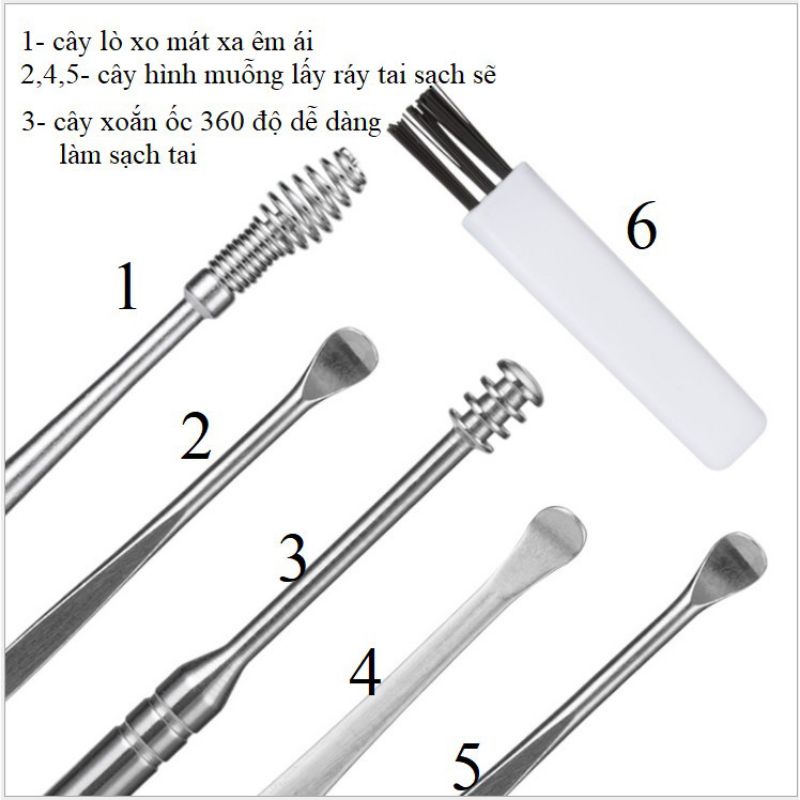 Bộ dụng cụ lấy ráy tai 6 món hộp nhựa, dụng cụ lấy ráy tai chuyên dụng bằng inox
