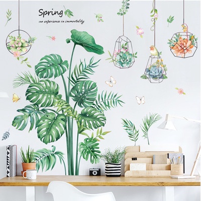 Decal  dán tường tán cây và những giỏ hoa