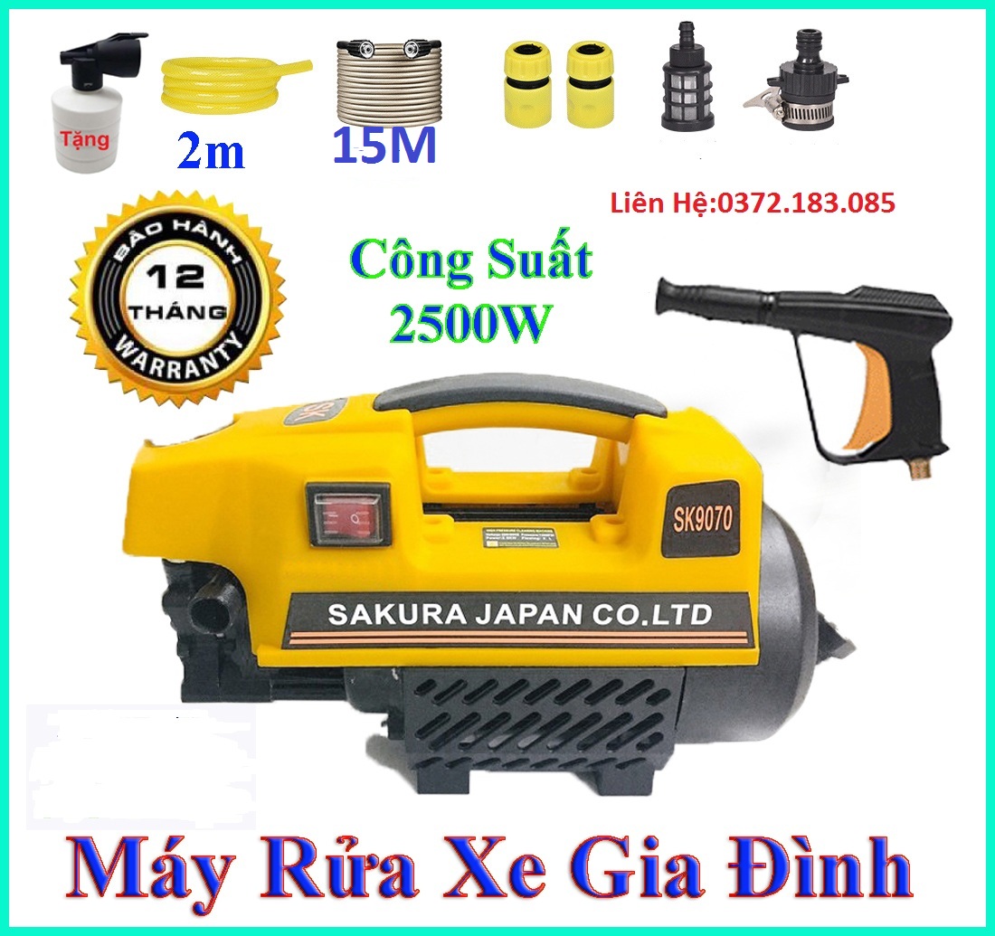 Máy xịt rửa xe mini SAKURA-2500W - Dây áp lực 15m - tặng bình xà phòng - bảo hành 12 tháng