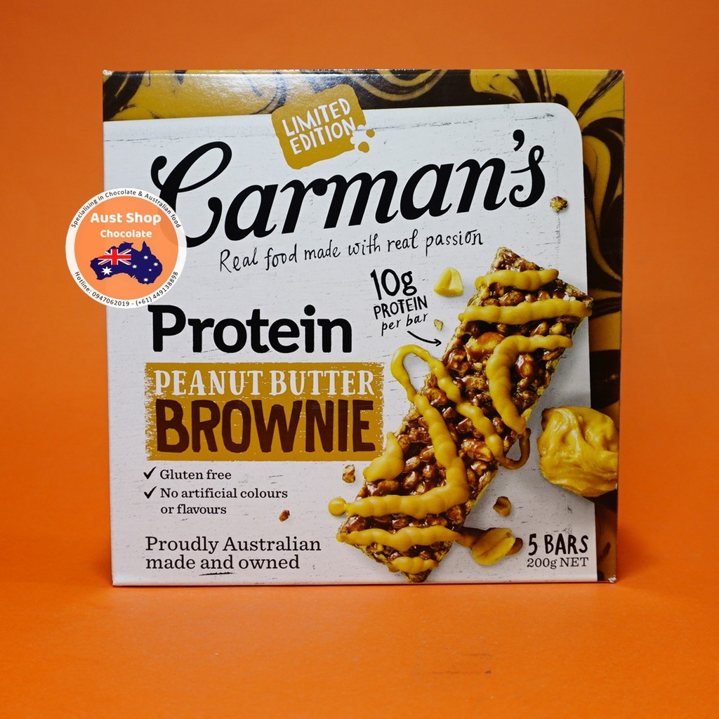 Ngũ Cốc Thanh vị bơ đậu phộng Carman's Peanut Butter Brownie Protein Bars 5 pack 200g - GF - Aust Shop Chocolate