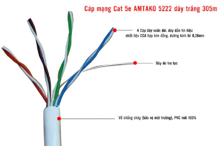 Cáp mạng Cat5 UTP AMTAKO 5222 dây trắng ( cuộn 305m)