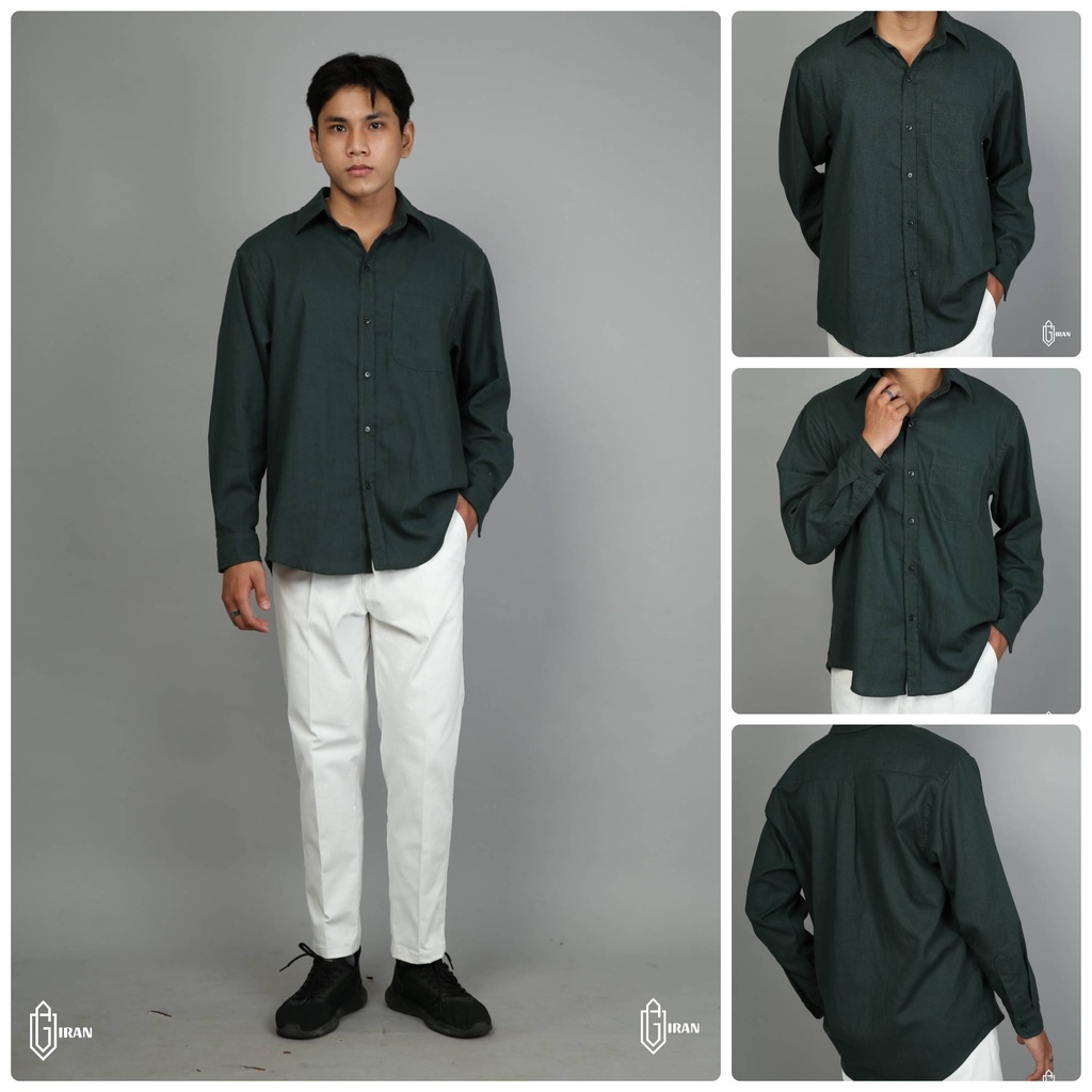 Áo sơ mi linen xanh lá đậm cổ điển form rộng | giran