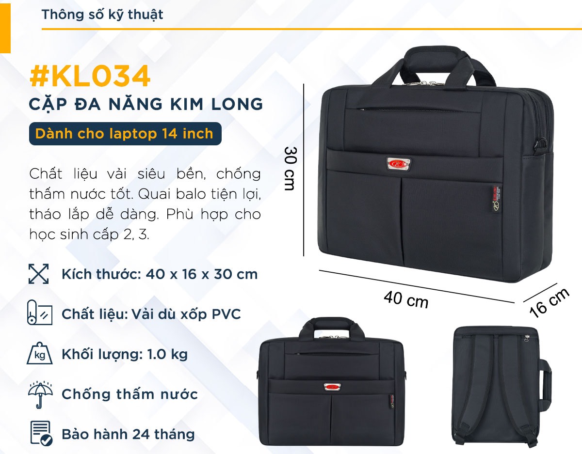 Cặp đen học sinh cấp 2 và 3 Kim Long KL034