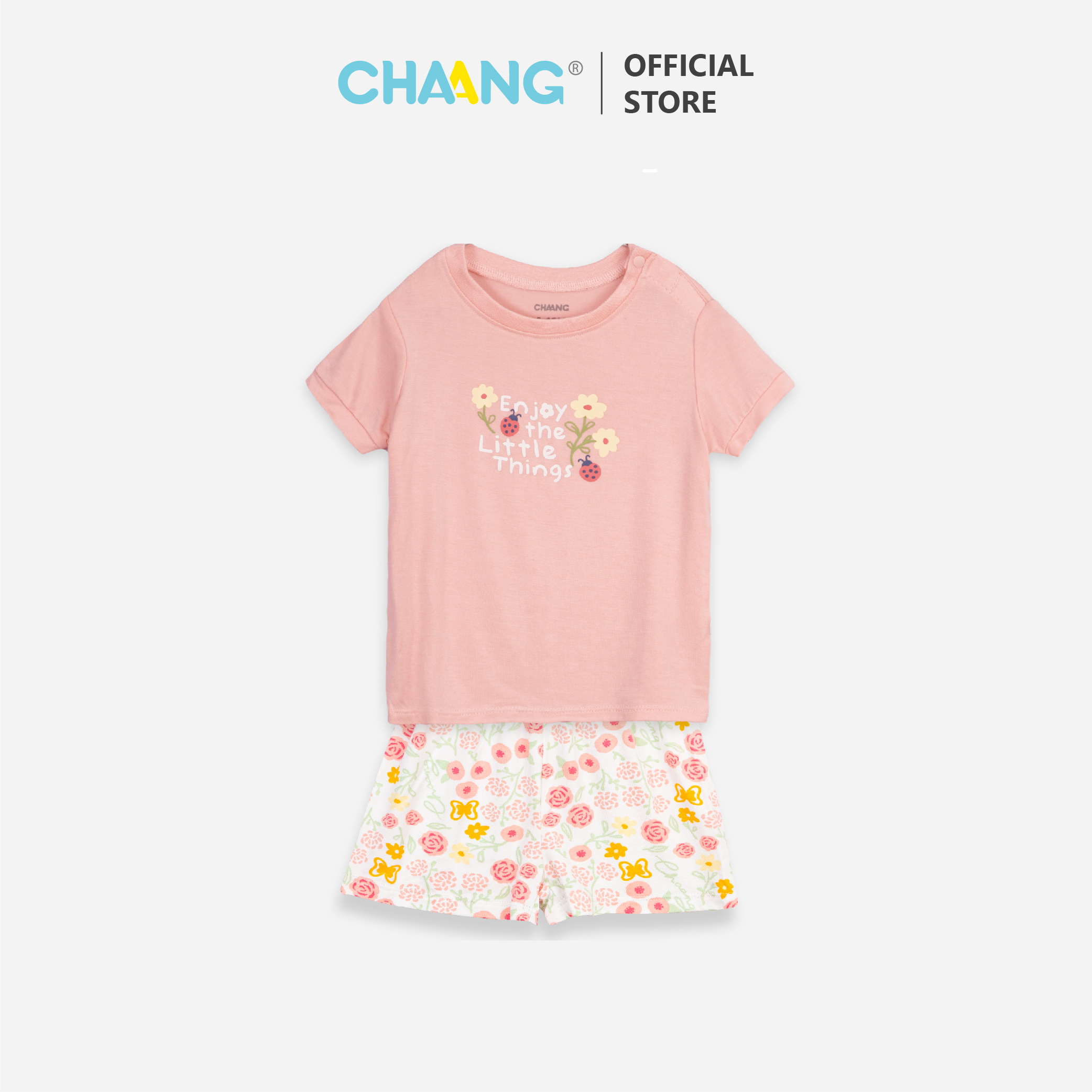 [CHAANG] Bộ quần áo cộc cúc vai Spring bọ rùa hồng