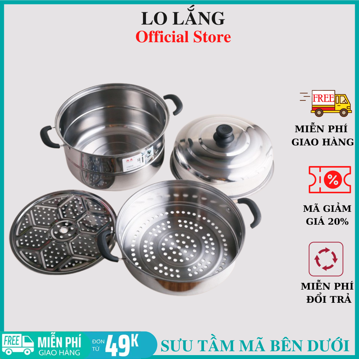 Bộ nồi và xửng hấp 3 tầng inox 28cm 2 trong 1 đa năng tiện lợi cao cấp