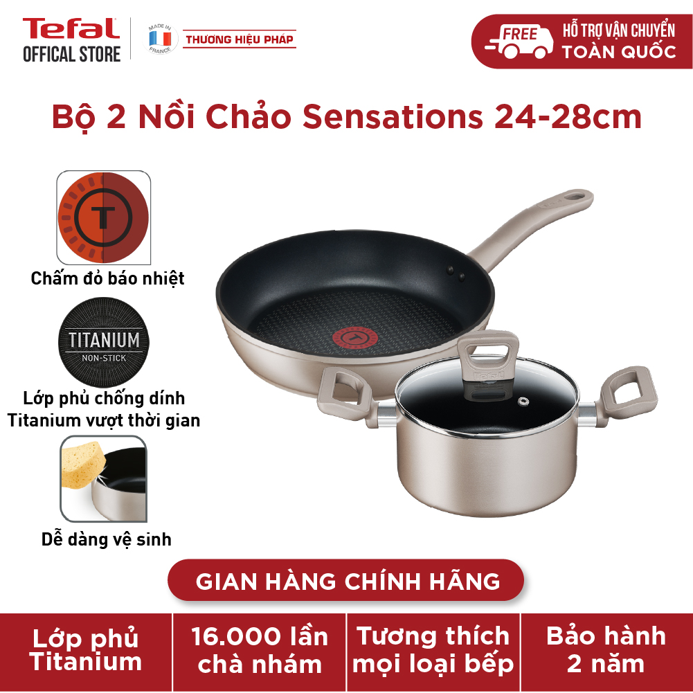Bộ 2 nồi chảo chống dính đáy từ cao cấp Tefal Sensations dùng cho mọi loại bếp gồm chảo chiên 28 cm & Nồi 24cm sản xuất Việt Nam hàng chính hãng bảo hành 2 năm