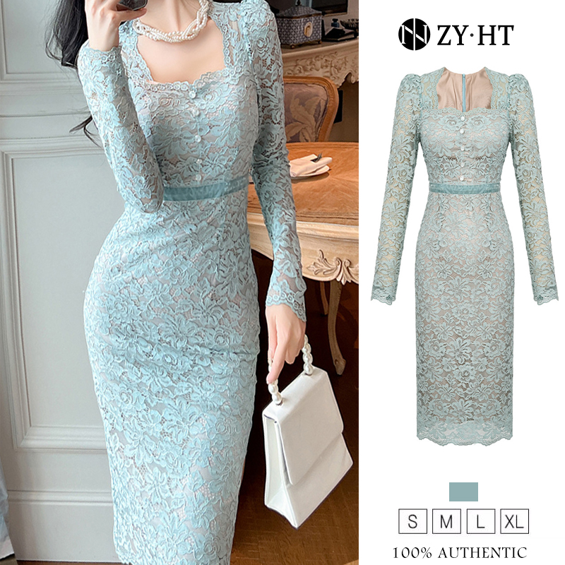 Zyht eravogue váy nữ váy xanh váy dài tay váy cổ vuông váy công sở váy ren váy xã hội cao váy cưới pháp 20929
