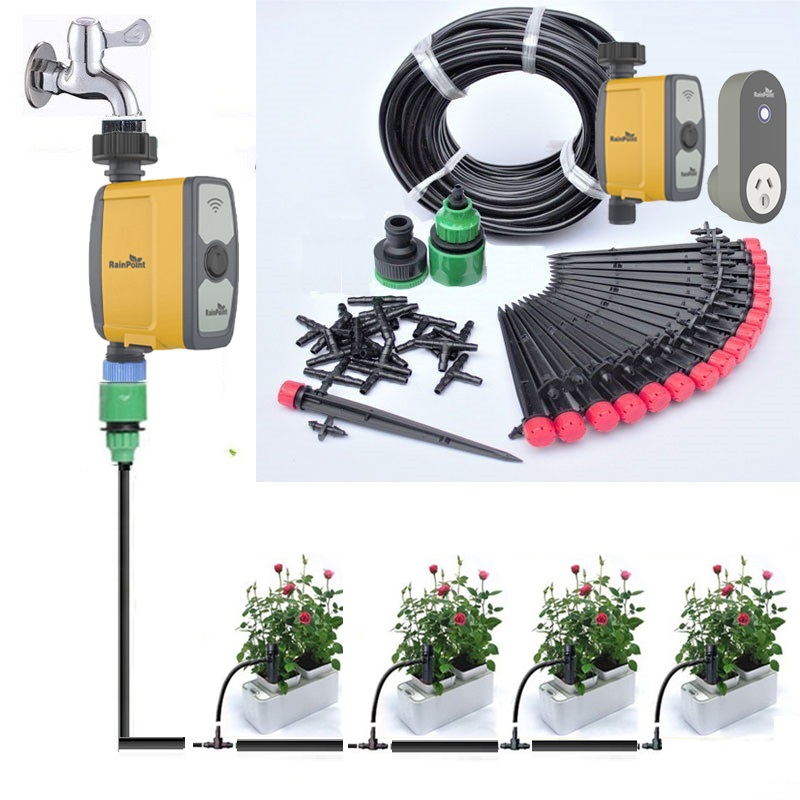 Bộ tưới cây tự động 20 đầu cắm phun 8 tia, Dùng van hẹn giờ tưới tự động RainPoint wifi