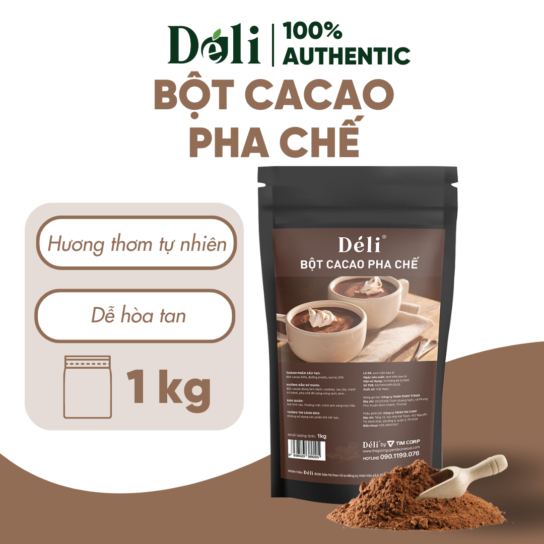 Bột Cacao pha chế Déli - 1kg - vị đắng tự nhiên, đậm đà, dễ hòa tan