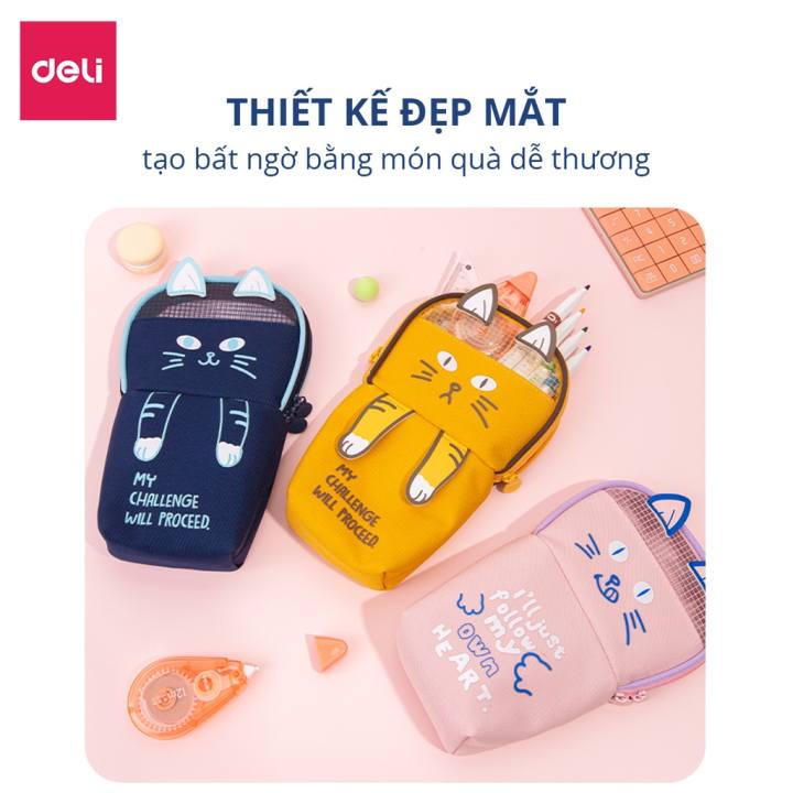 Túi Hộp Đựng Bút Đồ Dùng Cá Nhân Bằng Hình Chú Mèo Xinh Xắn Nhiều Màu Sắc Deli Sức Chứa Lớn - BC172 - Hình ảnh 4