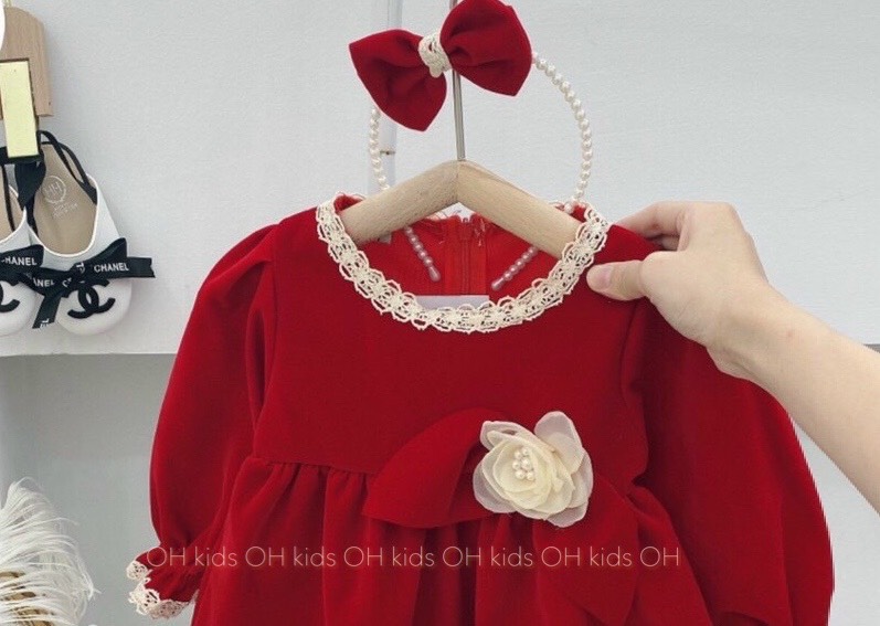SET váy đỏ phối ren kèm nơ cho BG
