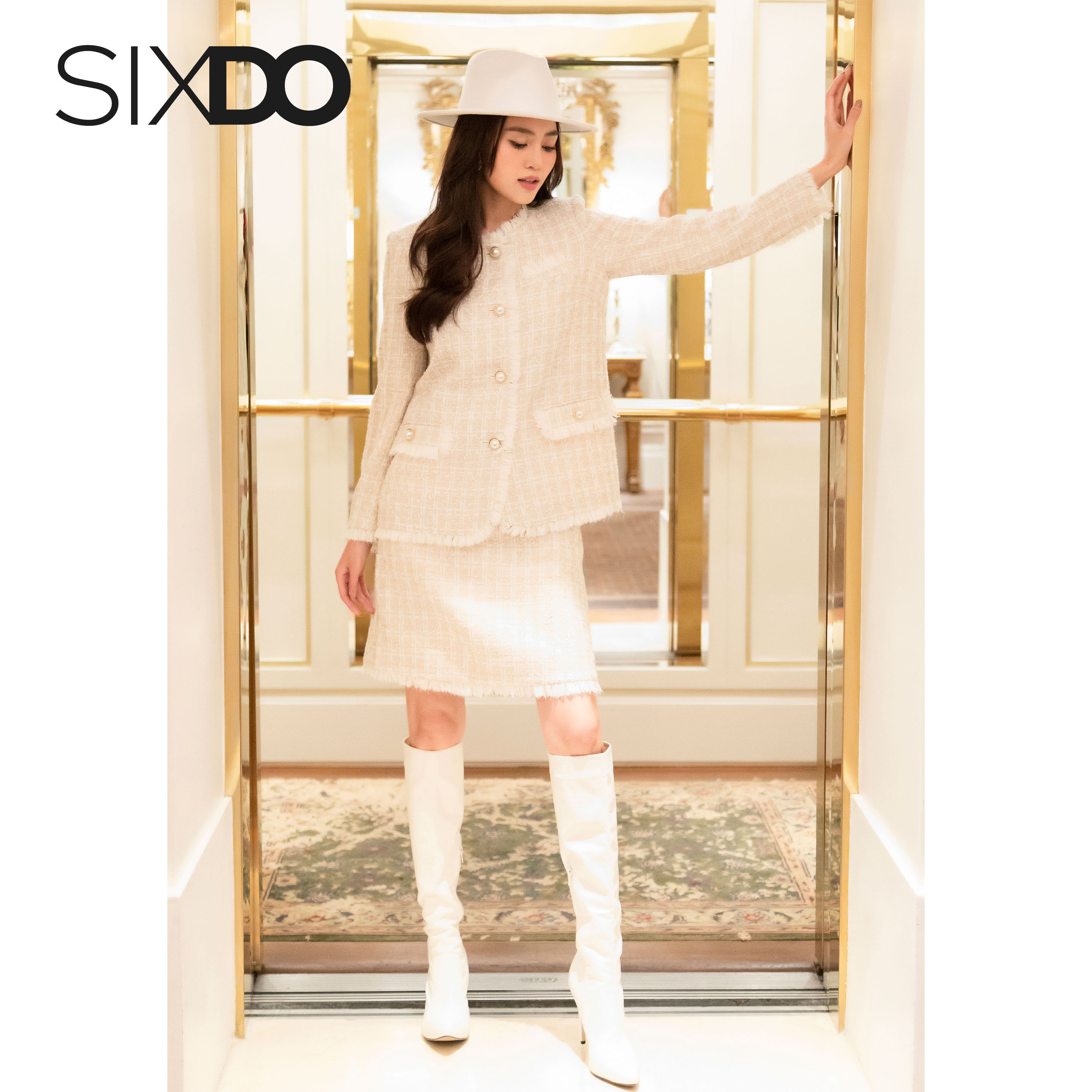 Chân váy chữ A dạ tweed be SIXDO (Beige Mini Tweed Skirt)