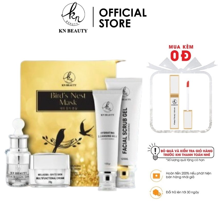 Bộ 5 bước chăm sóc da trắng sáng ngừa nám kn beauty chuyên sâu: kem dưỡng 25g + serum 30ml+ sữa rửa mặt 100g+ tẩy tế bào chết 120ml + mặt nạ tổ yến 125g - yammy official