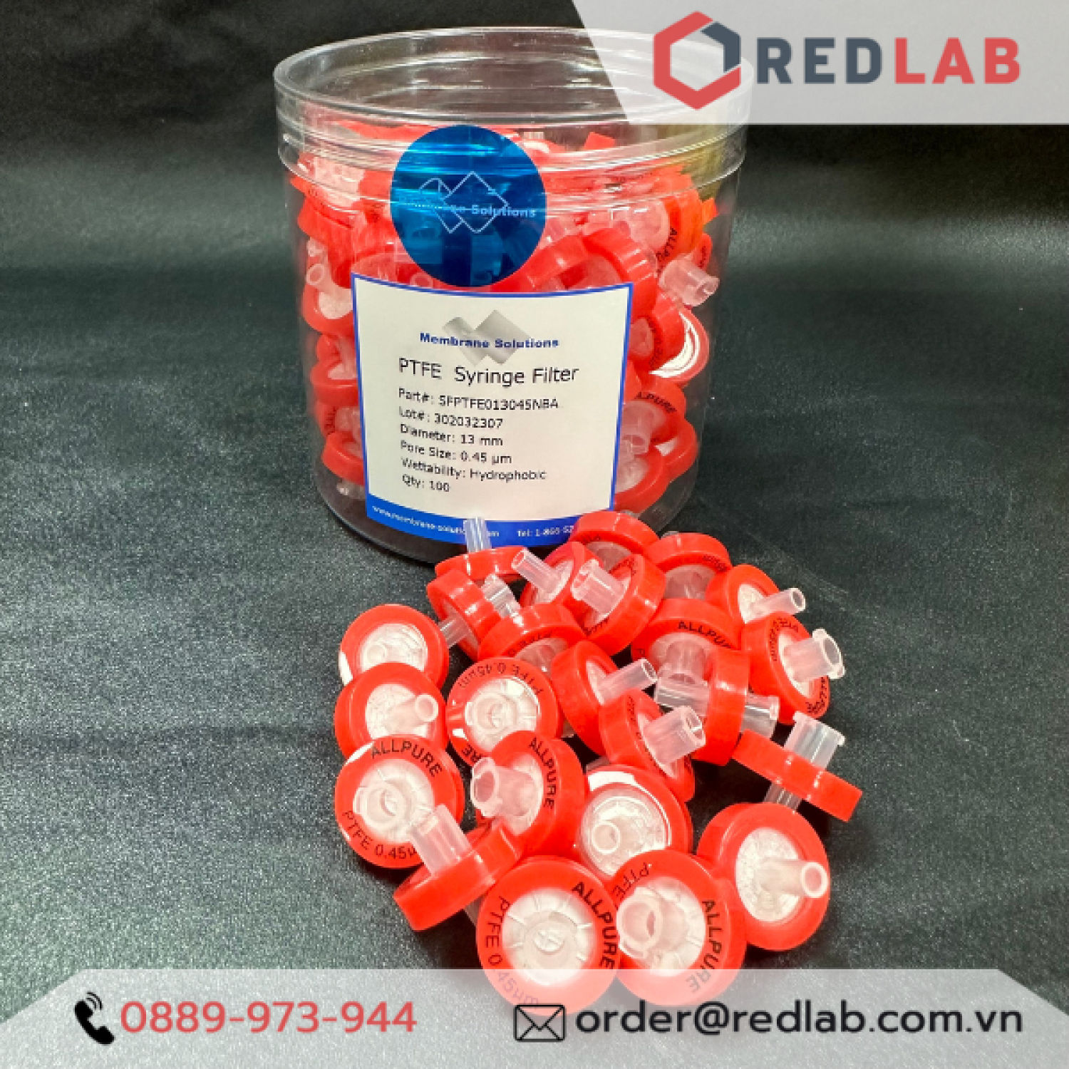 100 đầu lọc syringe ptfe hydrophobic lỗ lọc 0.22um và 0.45um hãng membrane solutions - usa sfptfe013022nba, có vat