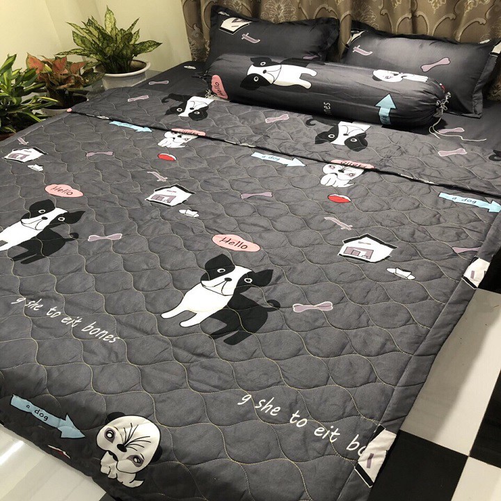 Bộ Ga Gối 3 Món Chất Liệu Cotton Poly Mẫu CÚN GHI, hoạ tiết dễ thương dành cho gia đình, cho trẻ em.