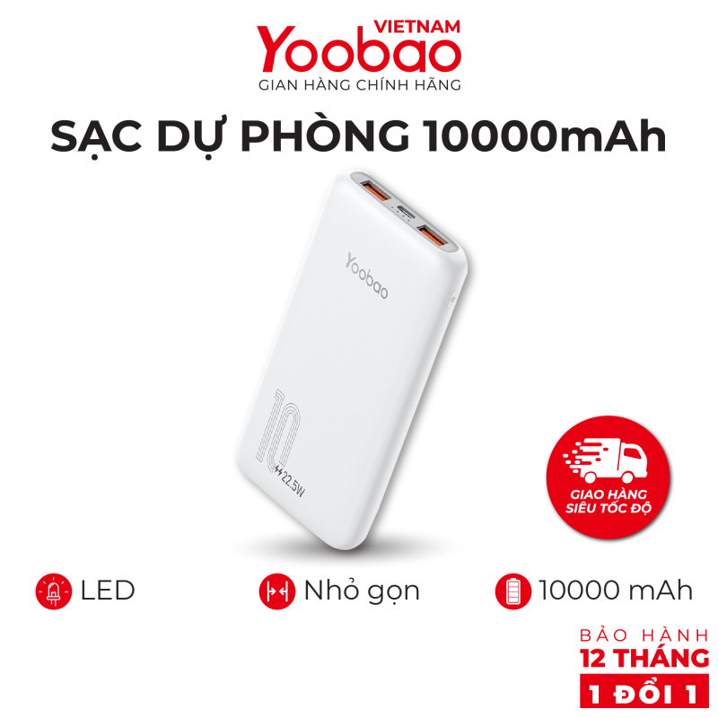 Sạc dự phòng 10000mAh Yoobao D10 2 cổng USB - Hàng phân phối chính hãng - Bảo hành 12 tháng 1 đổi 1