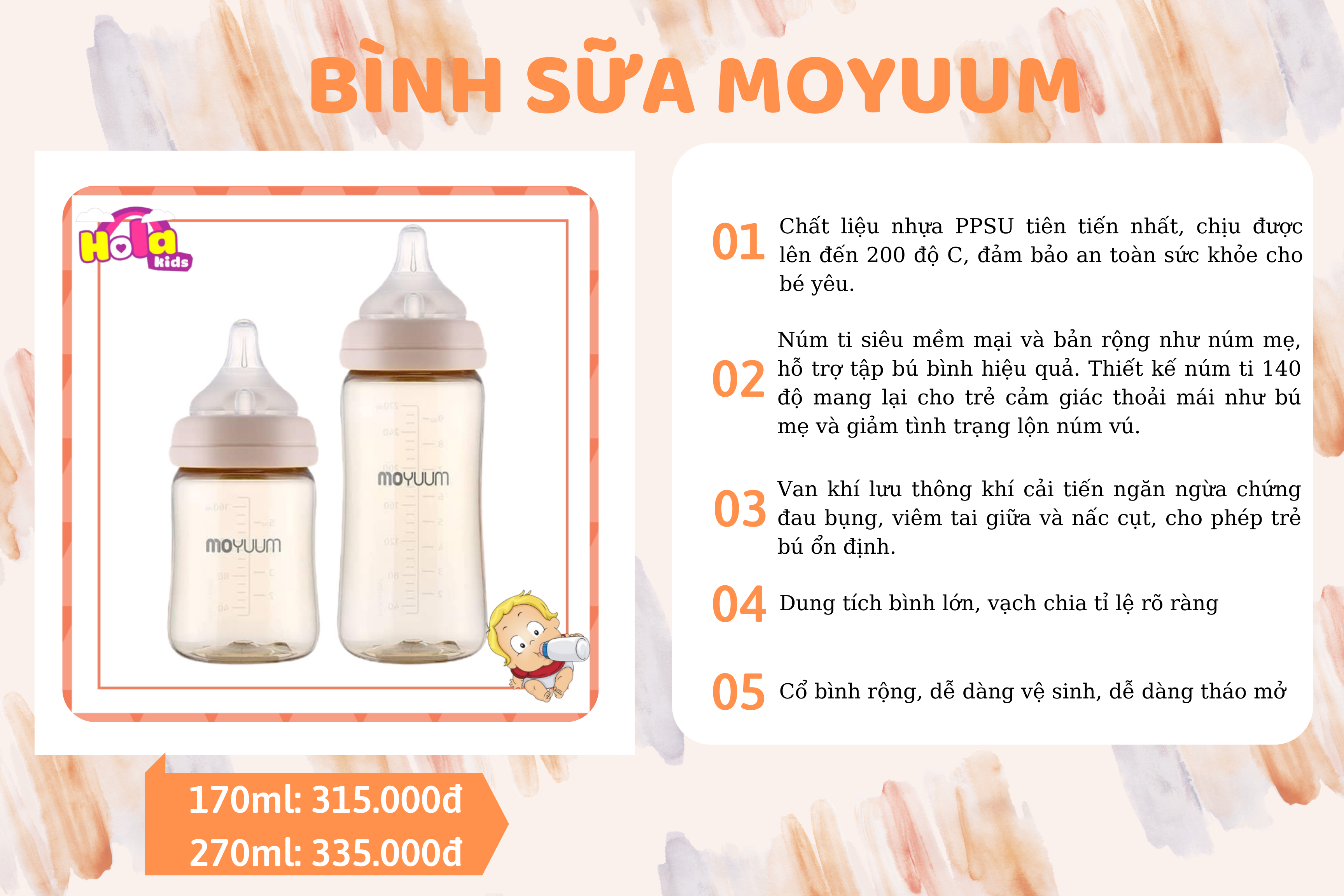 Bình sữa PPSU Moyuum Hàn Quốc cao cấp nhiều dung tính