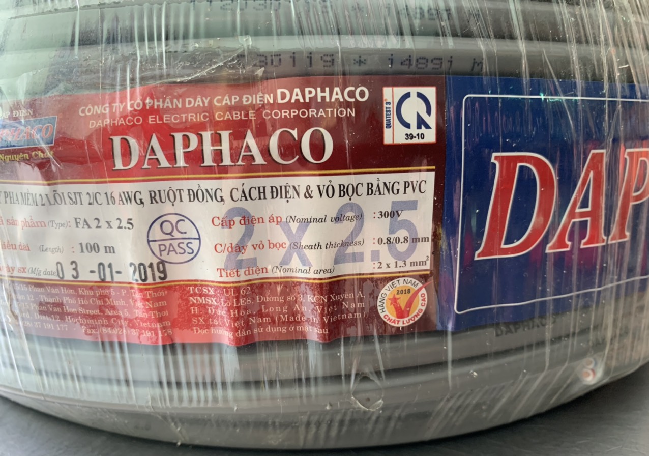 Dây điện PVC đôi 2x2.5 Daphaco - Cáp tròn PVC đôi 2x2.5 Daphaco