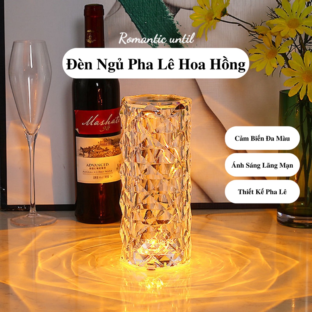 Đèn ngủ pha lê hoa hồng hình trụ có cảm biến