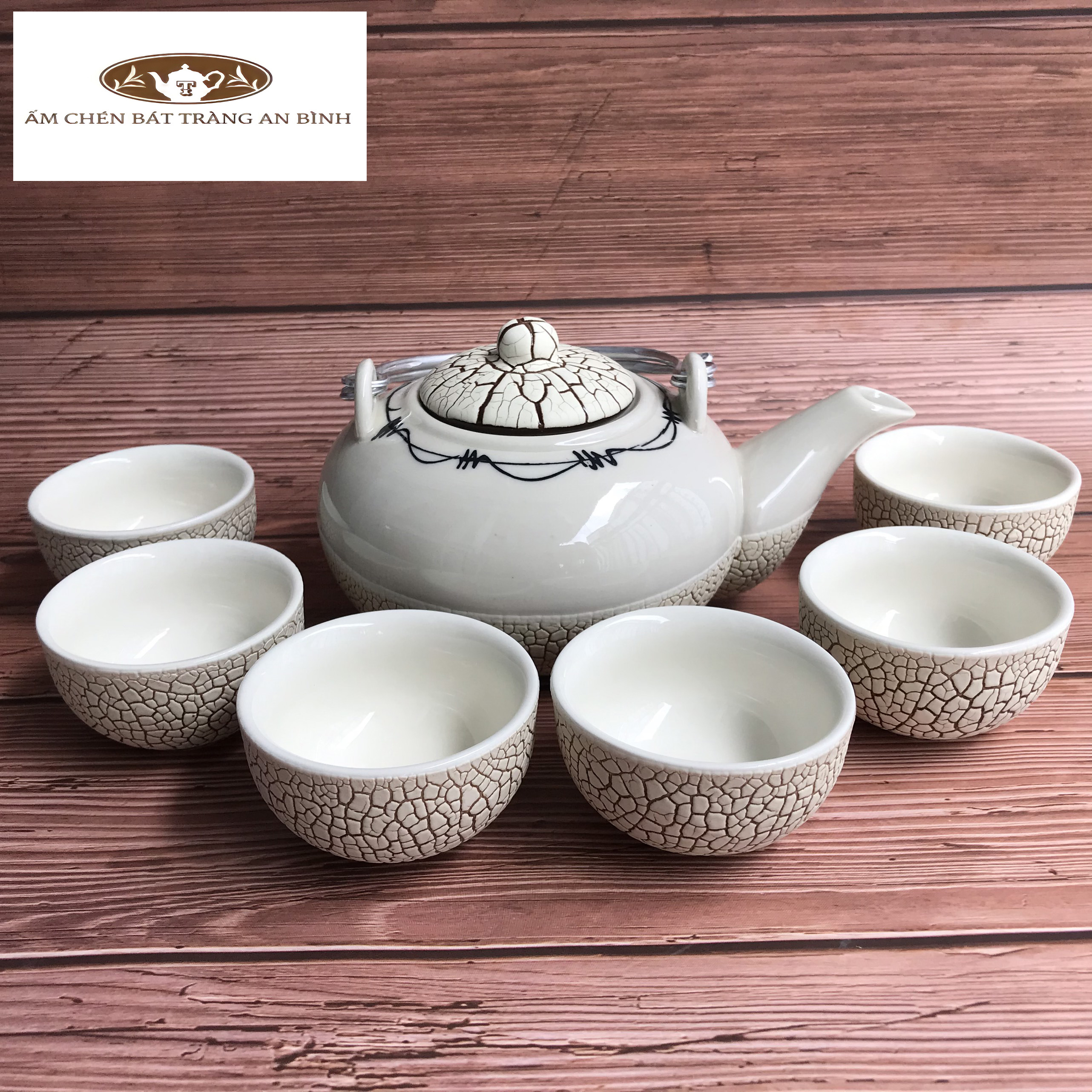 Bộ ấm chén gốm sứ Bát Tràng men Rạn Trắng Tròn