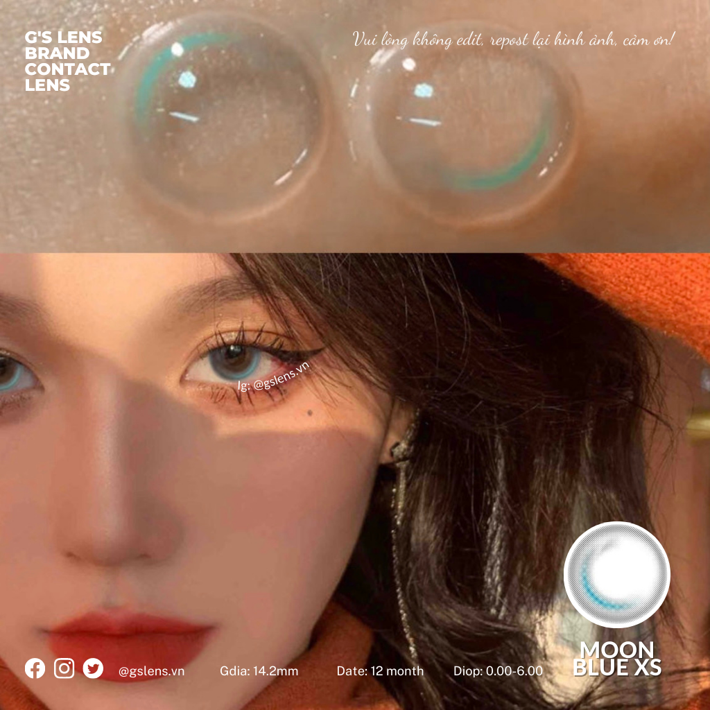 Lens mắt kính áp tròng trăng khuyết xám xanh moon blue không giãn có từ 0 đến 6 độ lệch độ size xs 14mm - gs lens