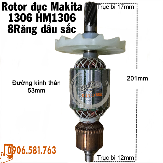 Rotor đục Makita HM1306 (máy nhái) 8 Răng sắc Thân 53mm Dài 201mm dây đồng 220V - Tặng chổi than