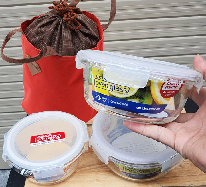 [HCM]Bộ 3 Hộp thủy tinh Lock&Lock LLG827BD 600ml và LLG822 400ml tặng kèm túi giữ nhiệt