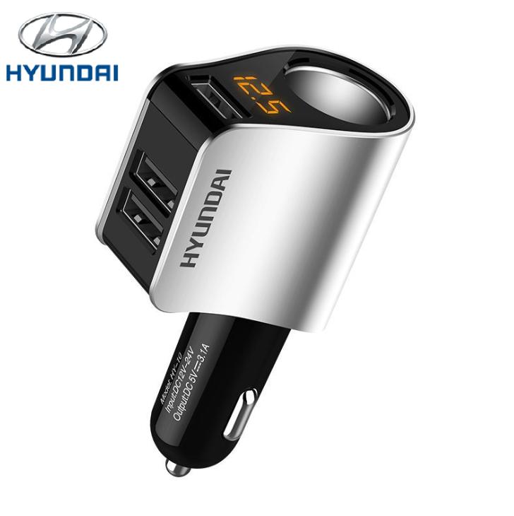 Tẩu sạc ô tô, xe hơi nhãn hiệu Huyndai HY-10 hiển thị điện áp 3.1A (Màu bạc)