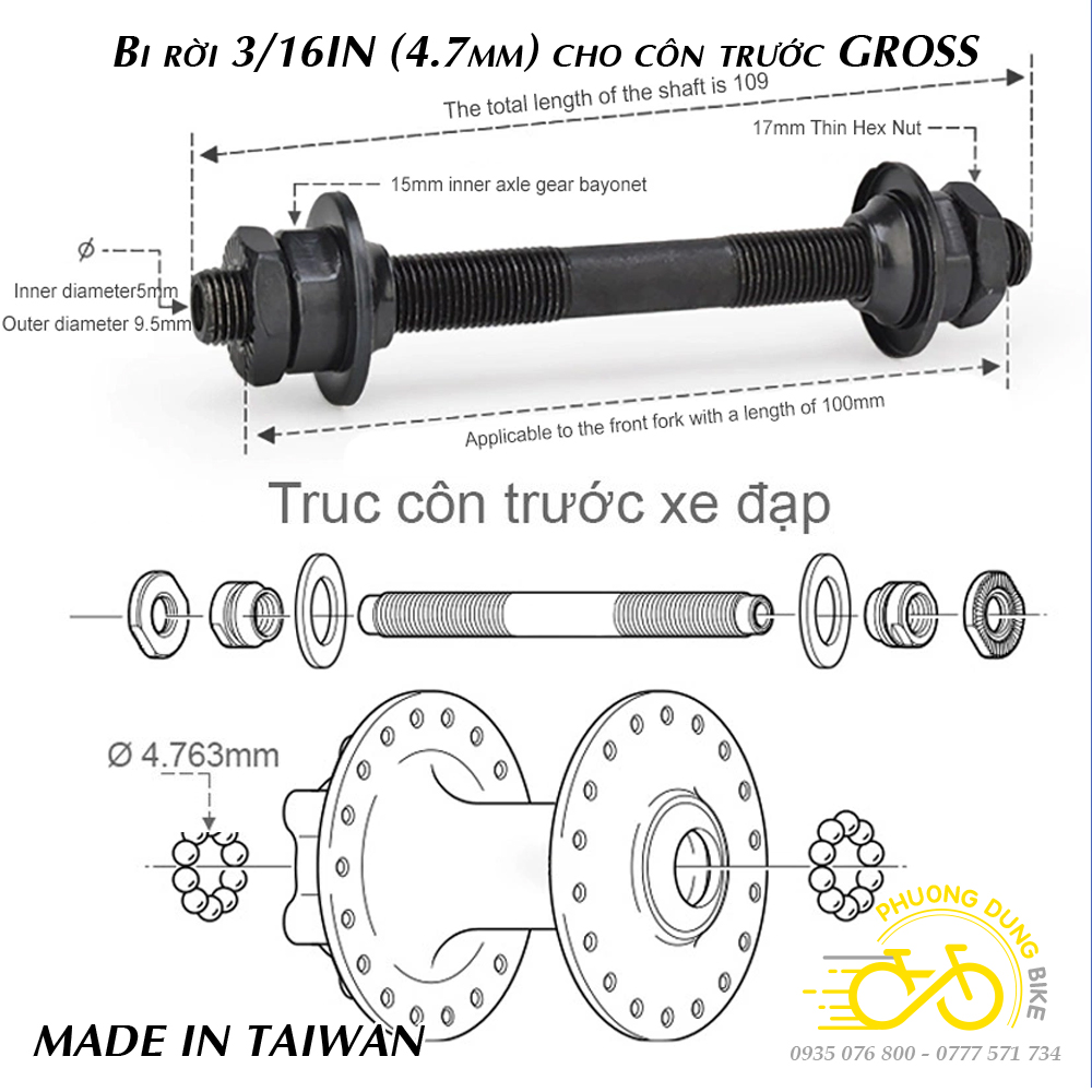 Trục côn moay ơ xe đạp trước sau - BI RỜI (Trục rỗng)