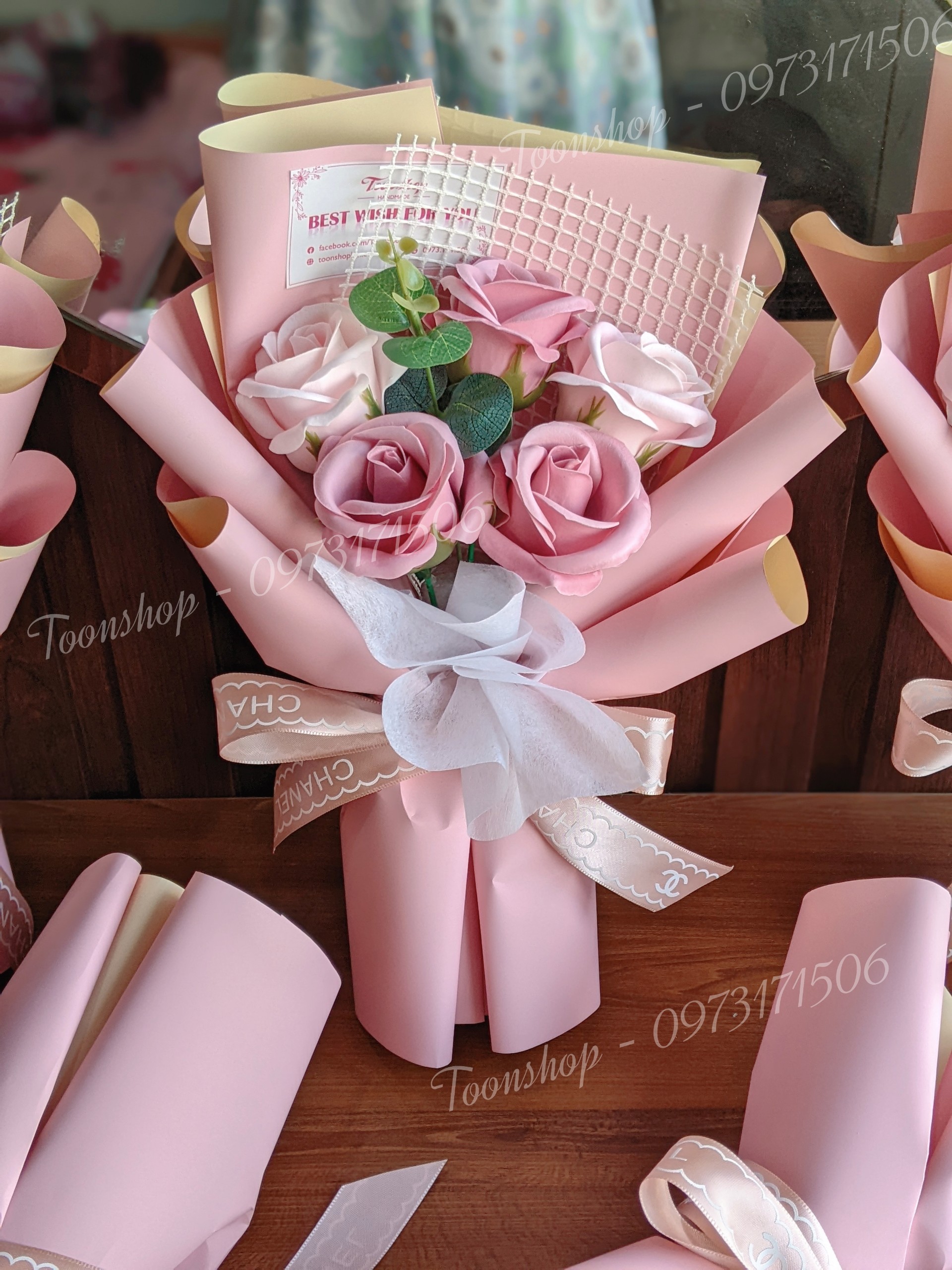 Bó hoa sáp 5 bông kèm túi-thiệp-đèn [set quà tặng 20/10; 8/3; quà tặng công ty. sự kiện...]