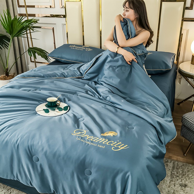 Set Chăn Ga Gối Cotton Lụa DreamCity Cao Cấp 4 Món Chăn Chần Hè