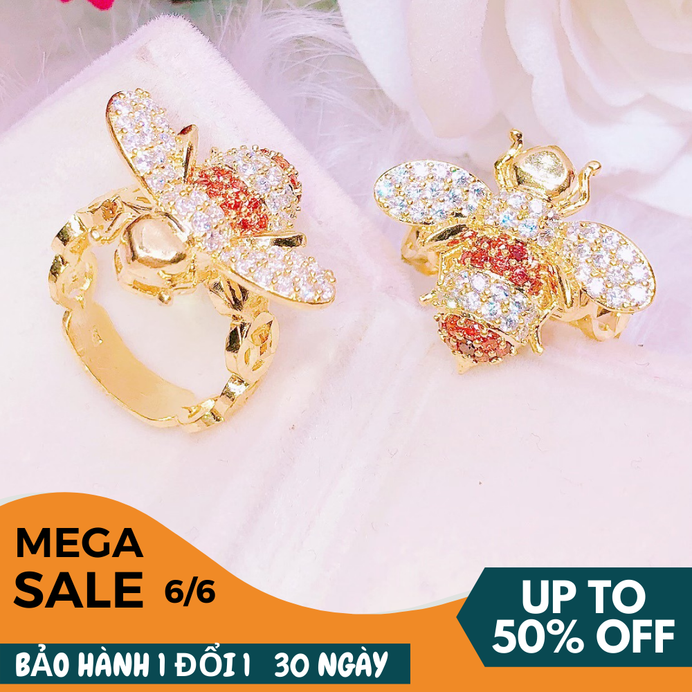 Nhẫn nữ đẹp, nhẫn vàng non 18k đính đá thật con ong đính đá pha lê cam sáng rực rỡ đeo đi tiệc đi chơi siêu xinh - Trang Sức GADO N011