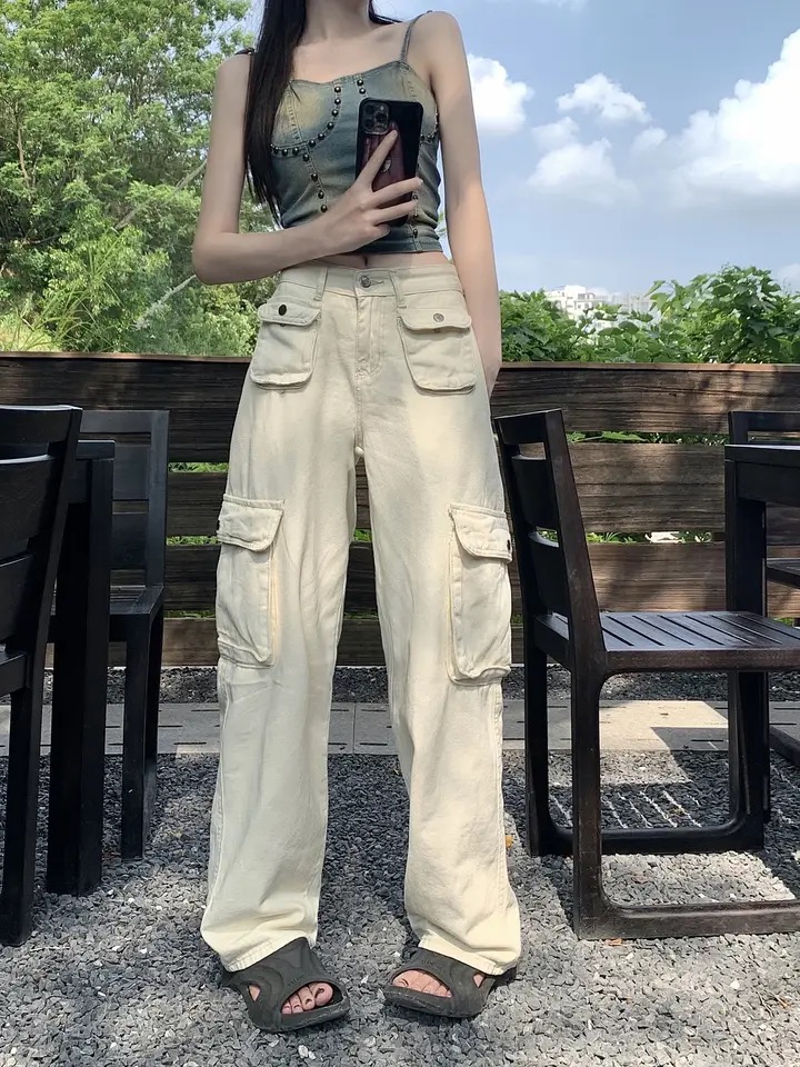 Quần jeans nữ ống rộng phối túi hộp MÀU BE kiểu đẹp quần bò ống rộng quần bò nữ quần suông nữ quần túi hộp lưng cao DONG PHUONG FASHION 2