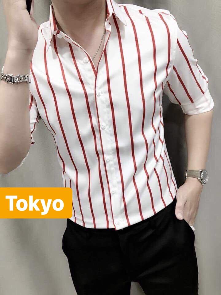 ÁO SƠ MI LỤA NAM CHỐNG NHĂN TRẮNG SỌC ĐỎ TAKAMASE CAO CẤP -TOKYO FASHION