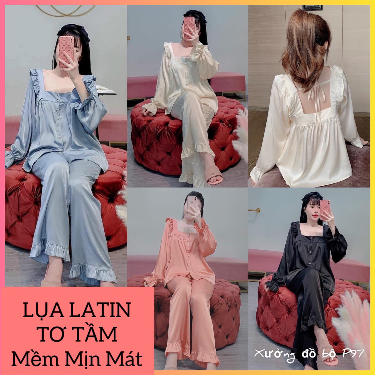 Pijama tay dài cổ vuông lụa latin tơ tầm thiết kế siêu xinh, hàng chuẩn shop đường may siêu kỹ , phối dây nơ sau lưng cố định không bị tuột vai áo, pijama nữ giá rẻ tận xưởng đồ bộ p97 hỗ trợ freeship