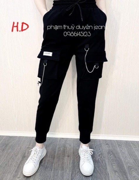 Mạnh Dũng Store 1 Unisex Quần Jogger Nam Nữ Túi Hộp Nắp Thêu Phối Dây Xích Vải Kaki Cao Cấp