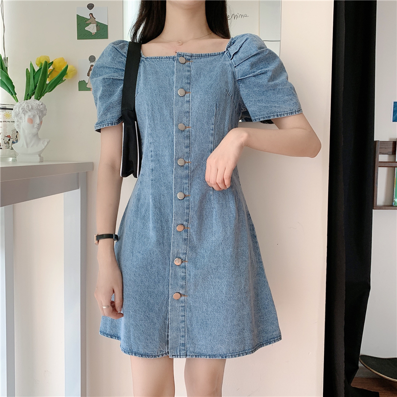Big Size Chất Béo Mm Vải Bò Đầm Nữ Mùa Hè 2020 Kiểu Pháp Khí Chất Thần Fan Hâm Mộ Váy Chữ A Cổ Áo Tay Bồng Váy