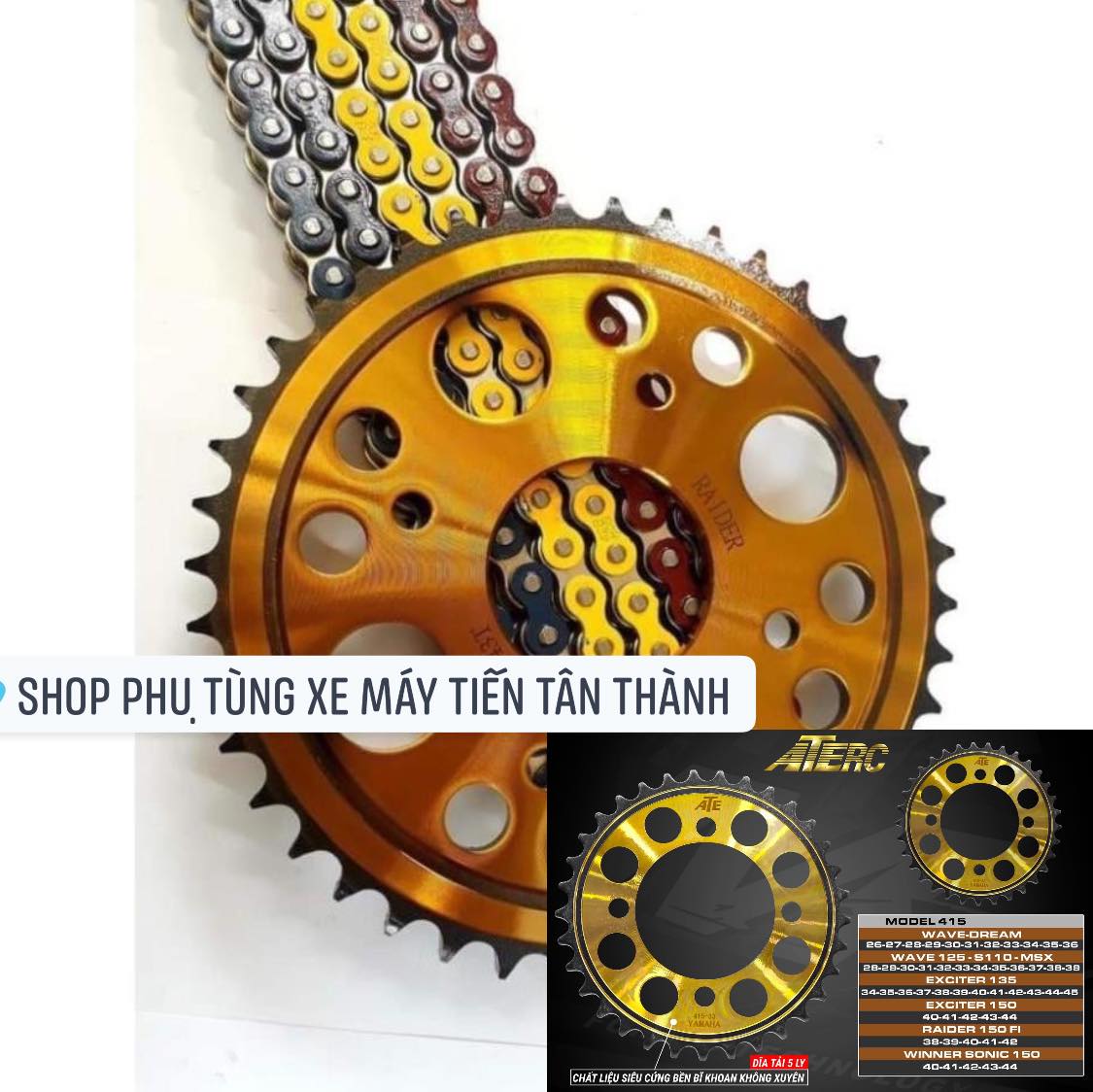 Dĩa tải 7ly 5MM 415 ATE xe máy sirius exciter135 yamaha (xài sên 415 7ly)