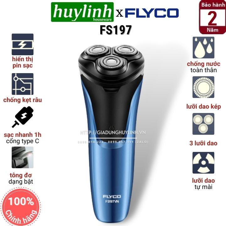 Máy cạo râu flyco fs197vn - sạc nhanh 1h + 3 lưỡi + chống nước ipx7