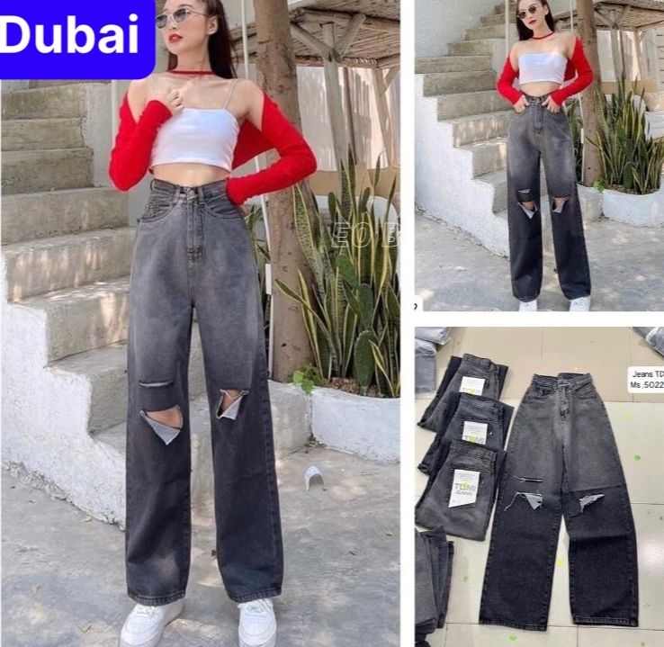 QUẦN JEANS CHẤT BÒ  ỐNG SUÔNG RỘNG RÁCH LOANG 2 MÀU ĐEN CẠP CAO DÀI CHÂN SIÊU TÔN DÁNG SANG CHẢNH MÙA HÈ - DUBAI FASHION