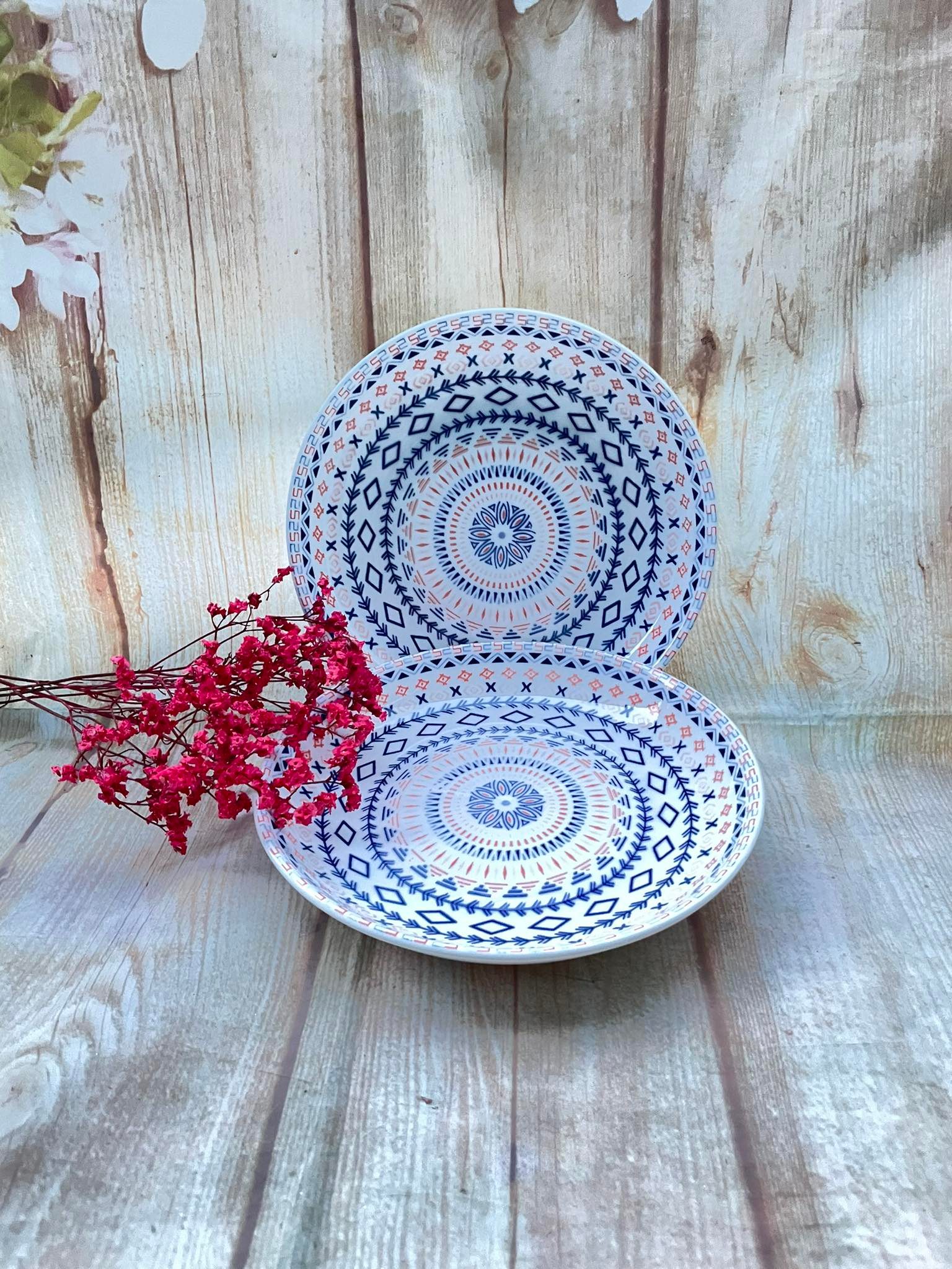 Set 2 dĩa sứ pastel hoa văn thổ cẩm cao cấp đk 20cm