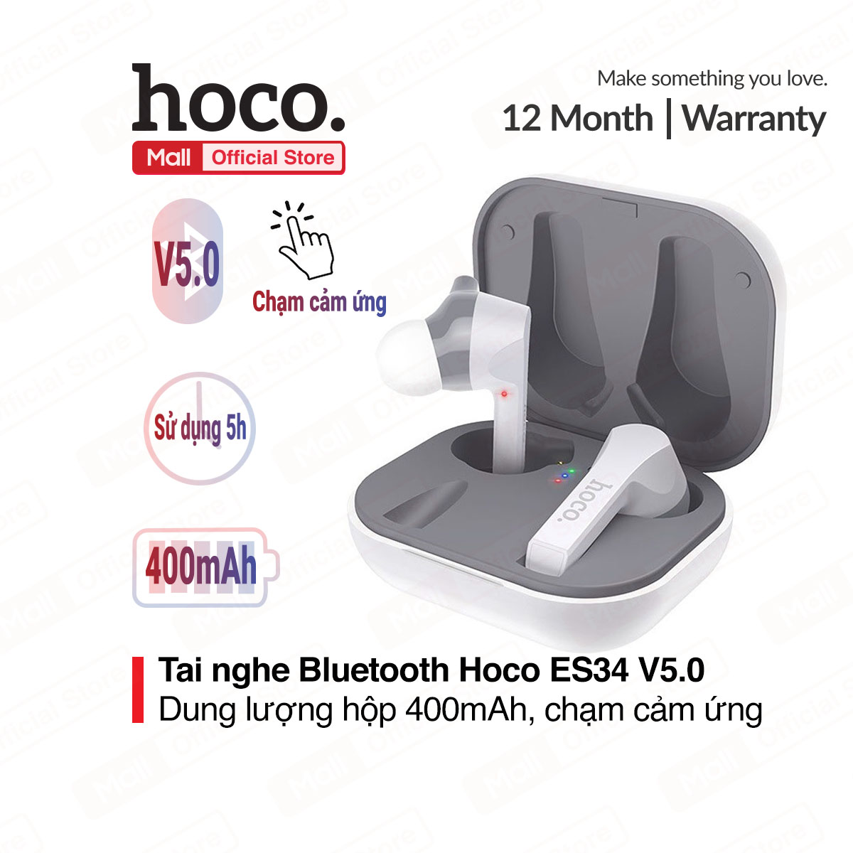 Tai nghe Bluetooth Hoco ES34 V5.0, dung lượng hộp 400mAh, tai đơn 55mAh, chạm tai cảm ứng, sạc 2h và đàm thoại, nghe nhạc 5h