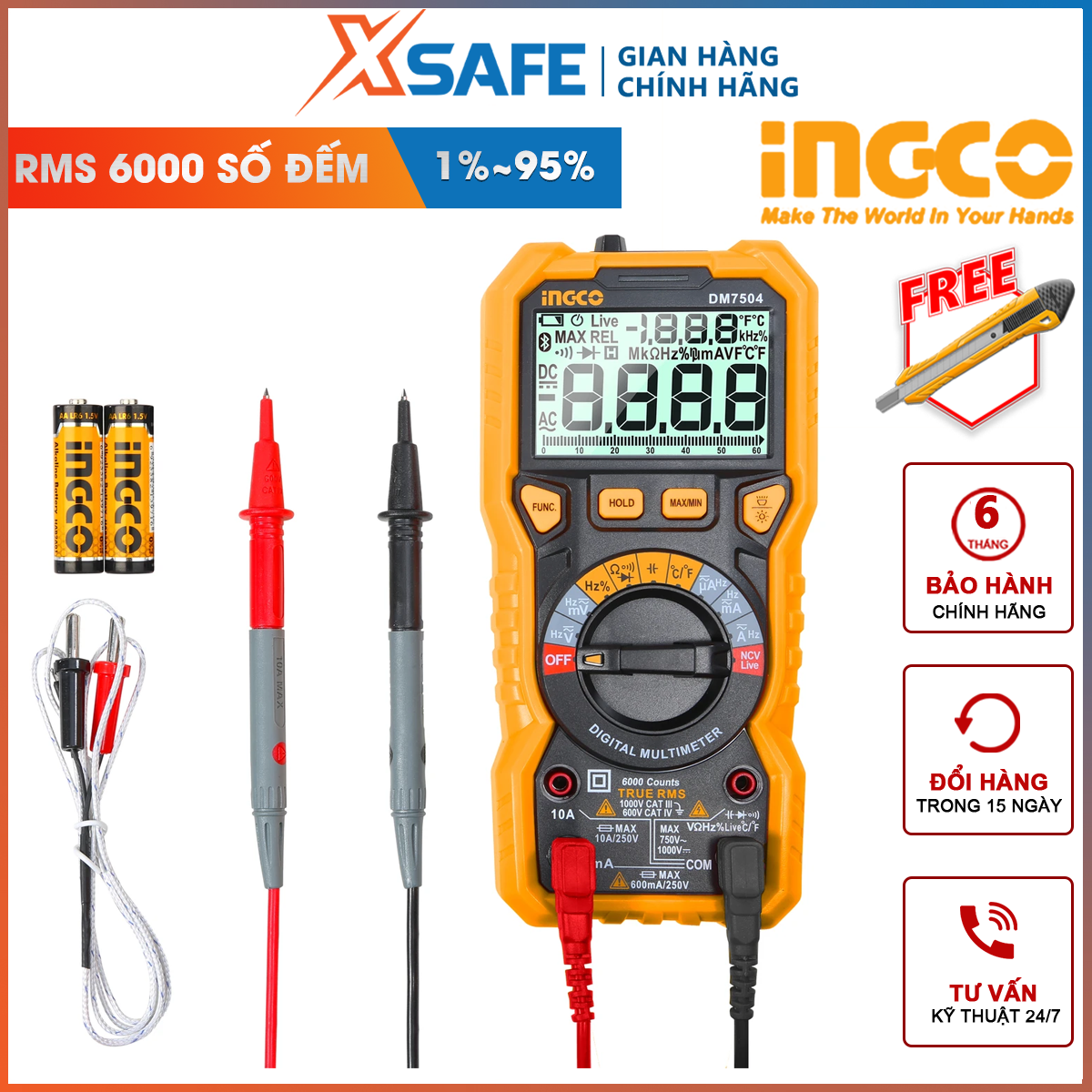 Đồng multimeter digital ingco DM7504 | copper multimeter true RMS 6000 counts frequency 10Hz / 100Hz / 1000Hz/10kHz/100kHz measurement voltage, current AC/DC, frequency measurement and temperature